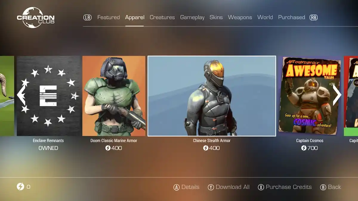 The Chinese Stealth Armor in the Creation Club store.