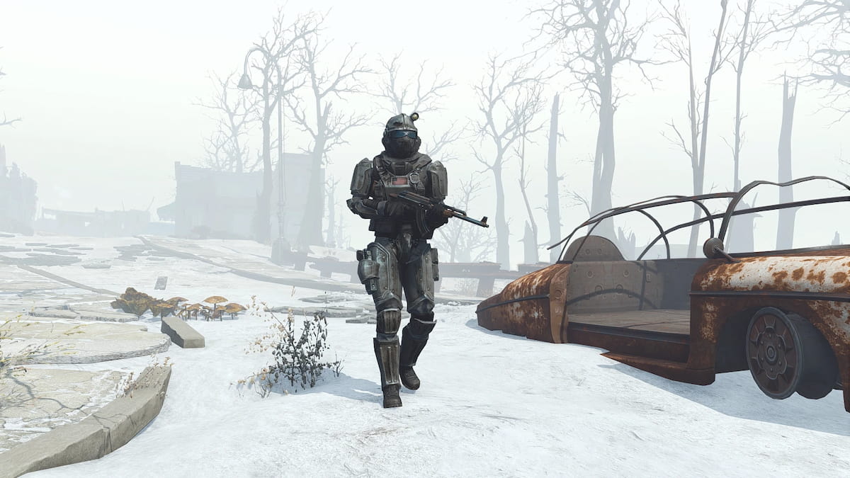 Screenshot from Fallout 4 Frost mod featuring a character in military gear in the snowy wasteland