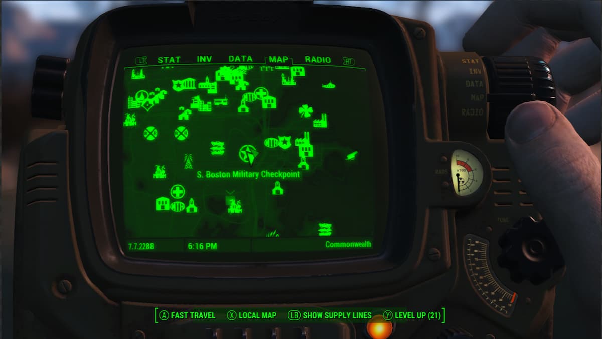 The Fallout 4 map with the cursor on the South Boston military checkpoint.