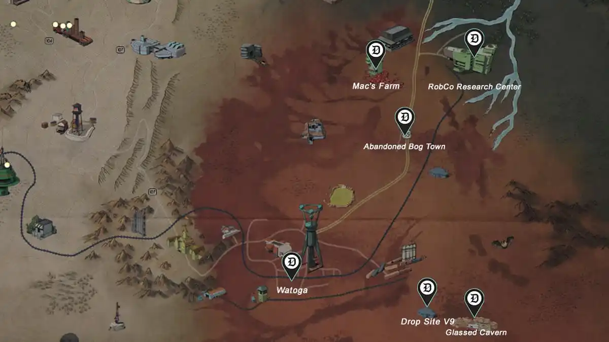 Several points marked with the Dot Esports map icon in the Fallout 76 map.