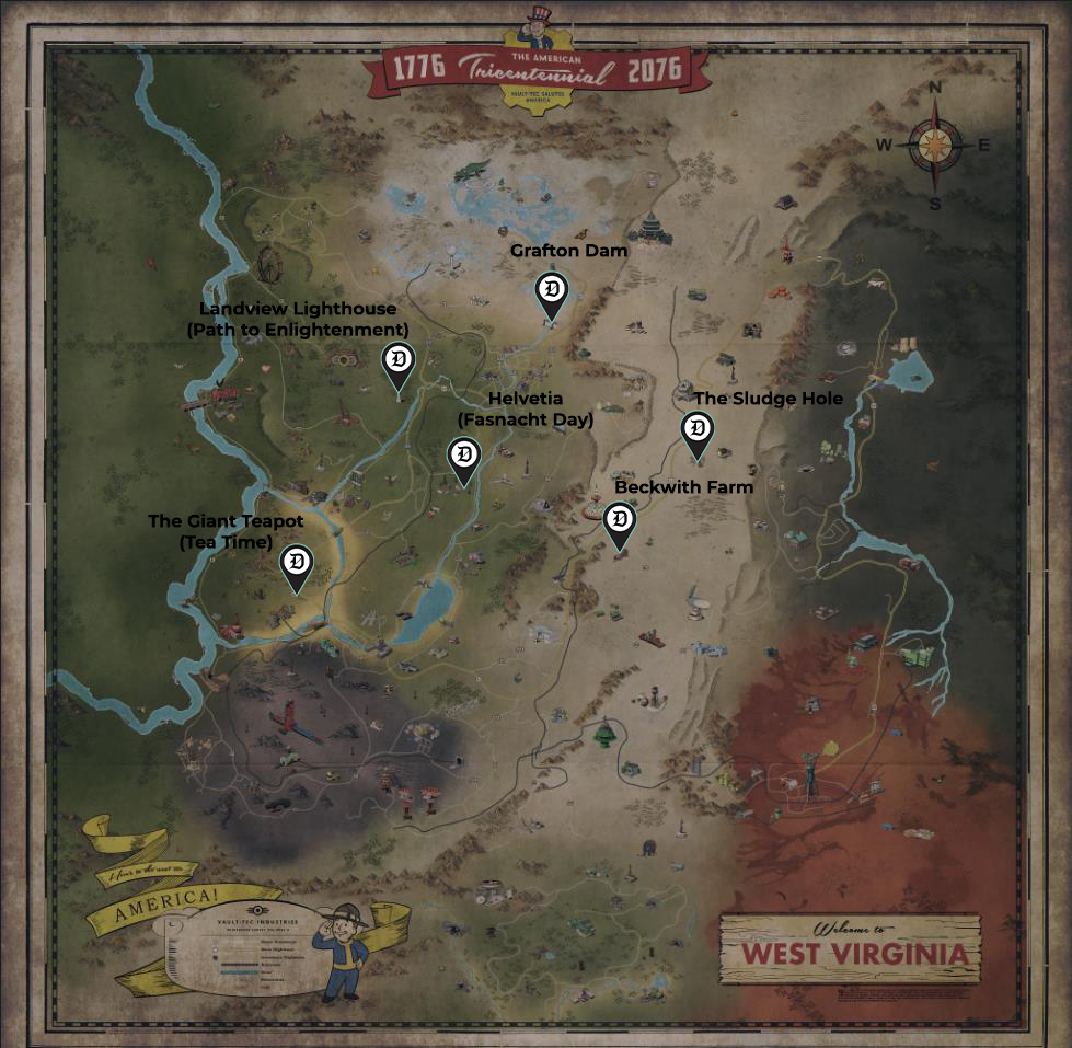Fallout 76 Radtoad spawn locations annotated on the map