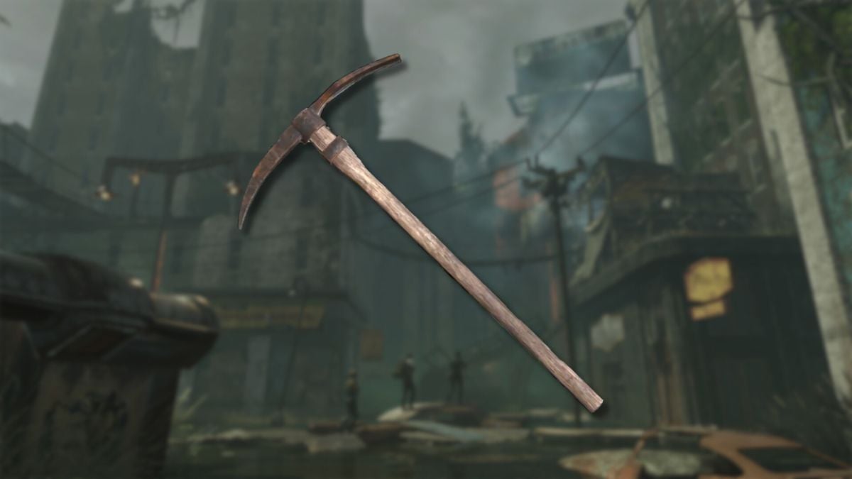 A pickaxe from Fallout 76 in front of a background.