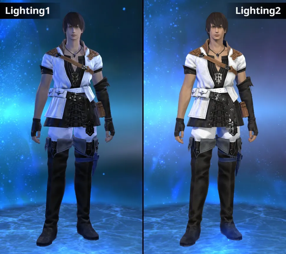 FFXIV character in character creation under blue lighting and under neutral lighting, compared side by side.