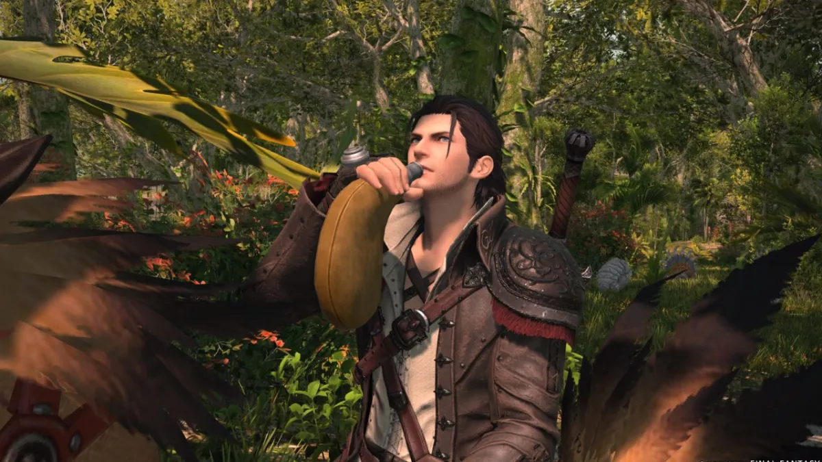 A character in FFXIV Dawntrail drinking water.