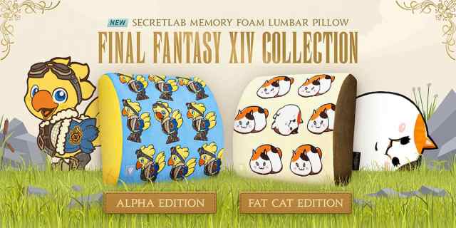 A promotional Secretlab image showing the Alpha and Fat Cat lumbar pillows for Secretlab chairs.