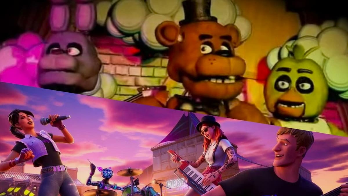 Freddy, Chica, and Bonnie from FNAF next to Jonesy and some other Fortnite characters.
