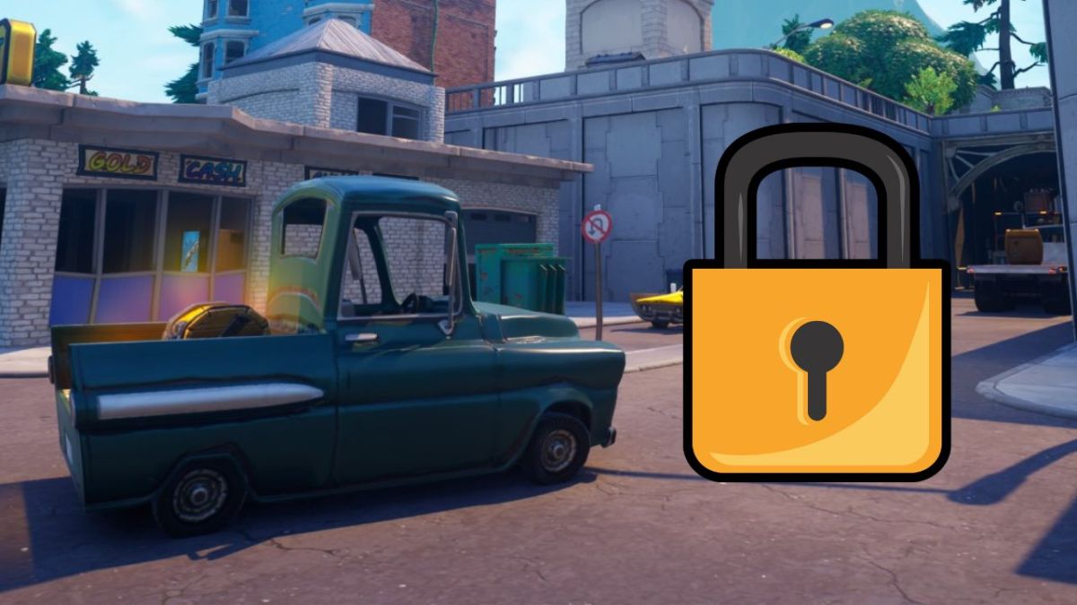 Fortnite Reload's Tilted Towers area with a locked padlock drawing over it.