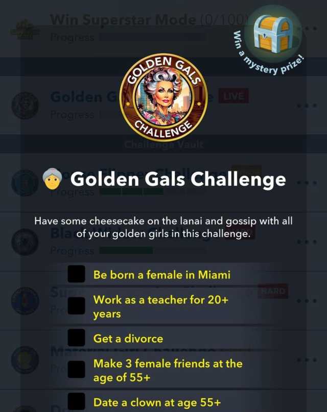 The rules for the Golden Gals Challenge in BitLife.
