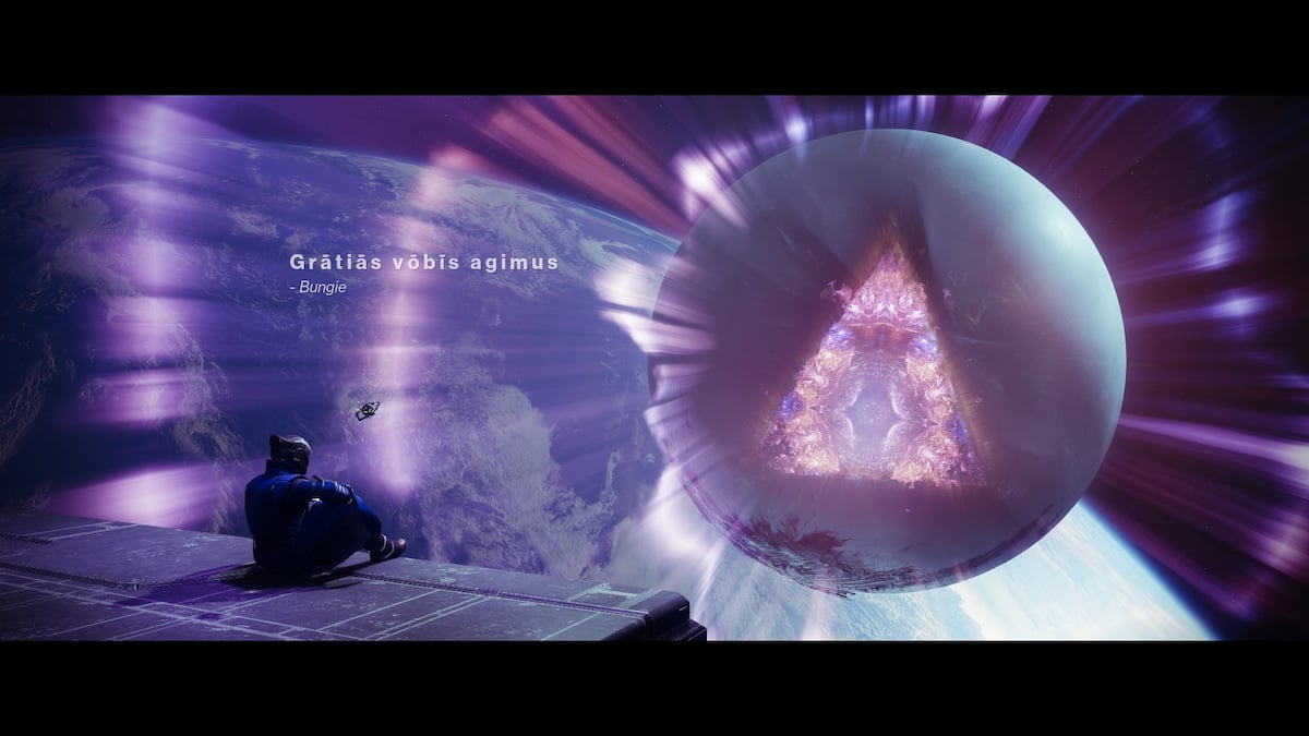 A Guardian sits at the edge of the H.E.L.M. While the Traveler unleashes a wave similar to an aurora. The message "gratias vobis agimus" is on the top of the screen, signed by Bungie.