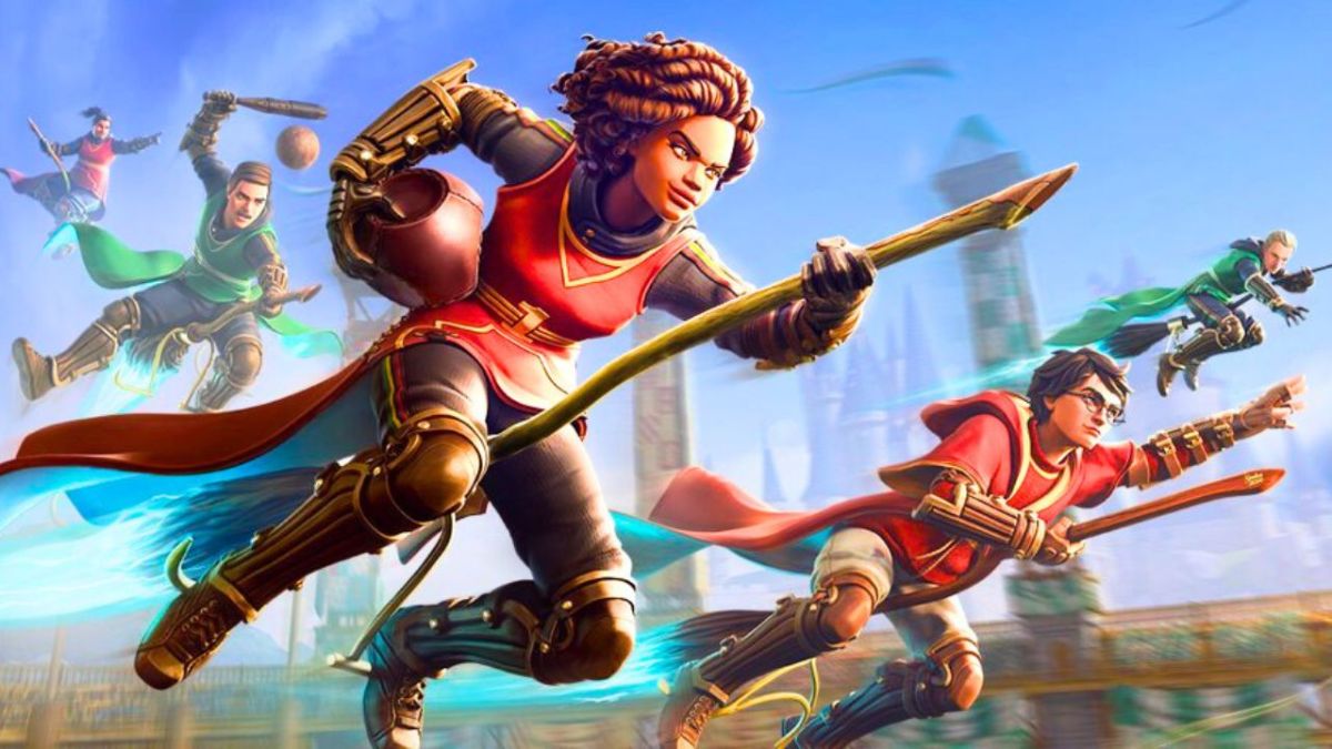 girl riding broom holding a ball alongside other broom flyers in the harry Potter quidditch champions promo image