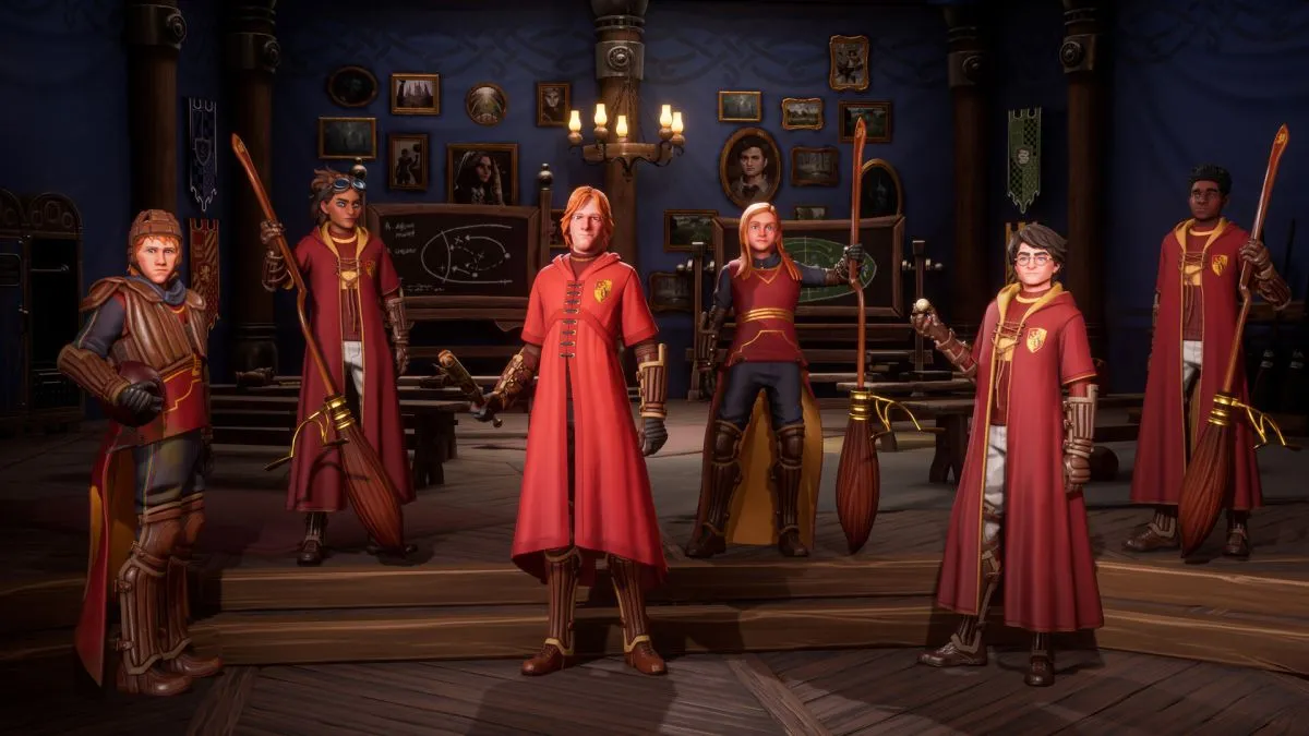 The Gryffindor Quidditch team with Ron and Harry Potter in Quidditch Champions