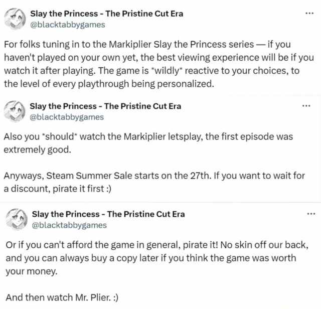 Three posts by Slay the Princess devs