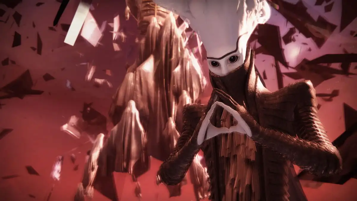 The Witness, a tall being of darkness, makes a triangle with its hands in front of a barrier in Destiny 2.