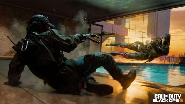 Black Ops 6 character sliding while holding a rifle.