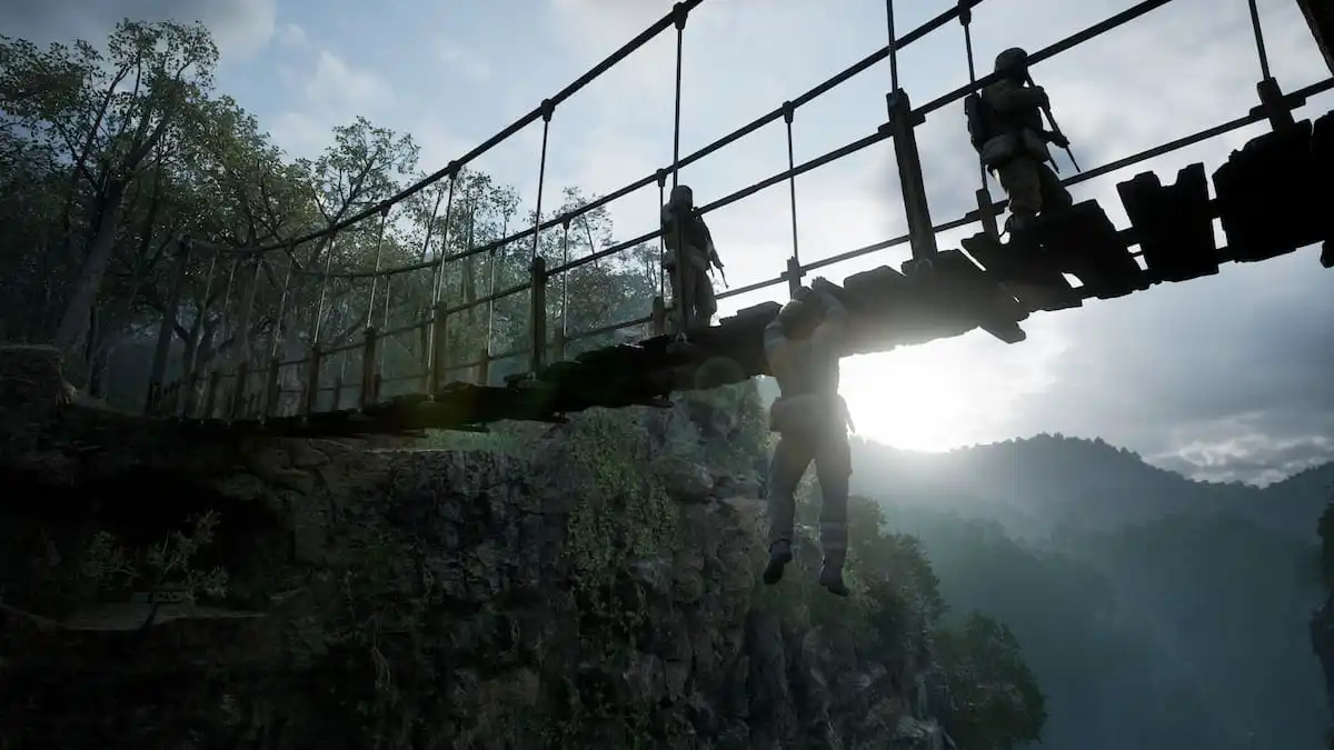 MGS Delta Snake Eater image of Snake hanging off of a bridge with enemies above