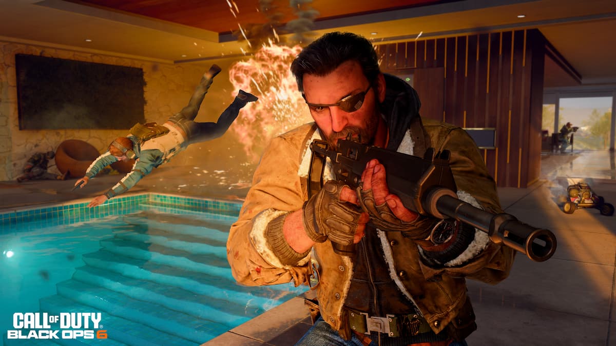 Black Ops 6 multiplayer screenshot featuring Weaver as someone dies in a pool behind him.