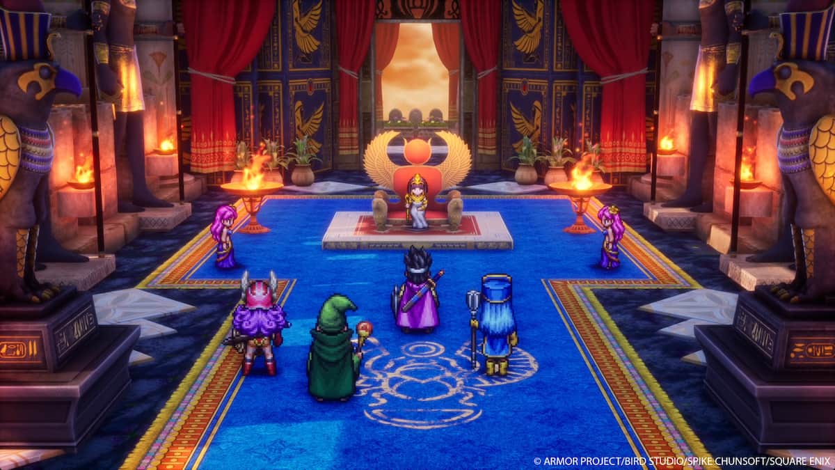 Dragon Quest heroes are in a throne room