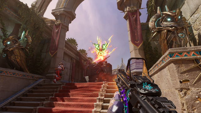 A player watches an ability fly at them while running up a staircase in FragPunk.