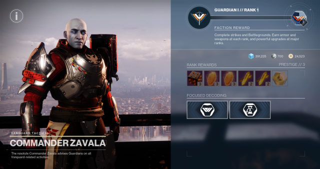 Commander Zavala with the Vanguard ritual activity screen.