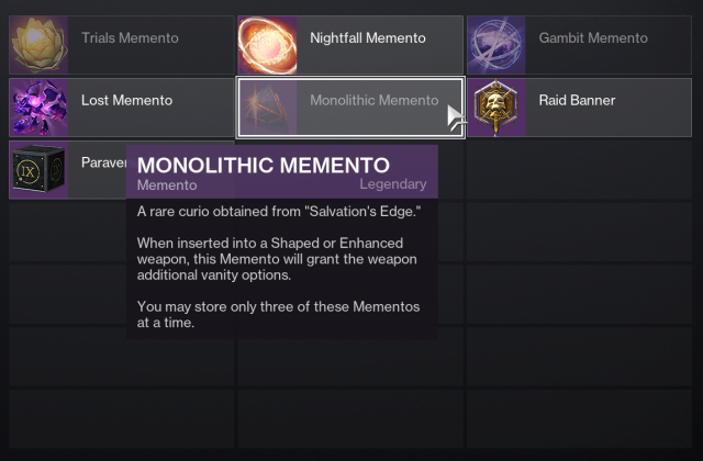 A screenshot of a player's resources menu in Destiny 2 with the Monolithic Memento displayed.
