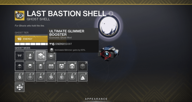 A Ghost in Destiny 2 with the Glimmer Booster mod displayed.