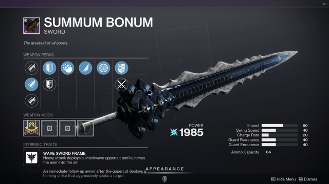 The Summum Bonum sword from Destiny 2, with a random roll set of perks displayed.