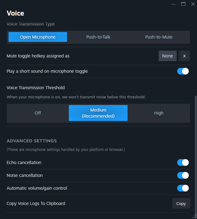 A screenshot of the Steam VOIP settings.