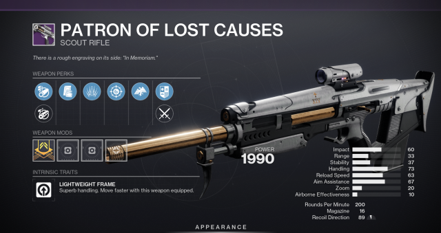 The Patron of Lost Causes scout rifle from Destiny 2 with perks displayed.