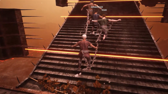 Four players chained at the hip rush up a staircase in Chained Together.