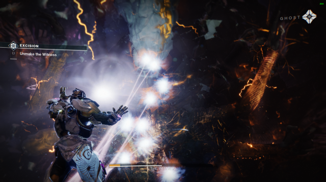 A guardian fires a massive beam of Light at The Witness in Destiny 2.