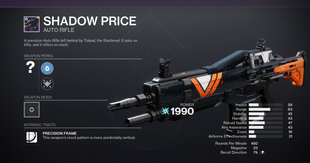 The Shadow Price auto rifle from Destiny 2.