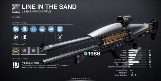 A screenshot of the Line In The Sand weapon in Destiny 2 with random rolled perks.