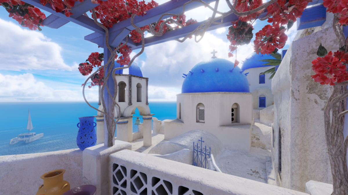 A Greek building overlooks the ocean on Thera in CS2.