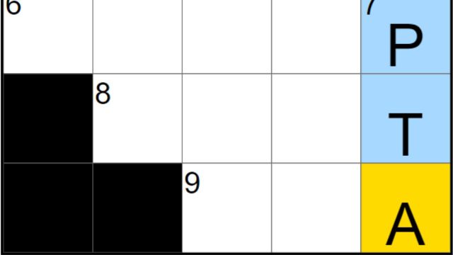 A partially filled NYT Mini Crossword board with 7D revealed.
