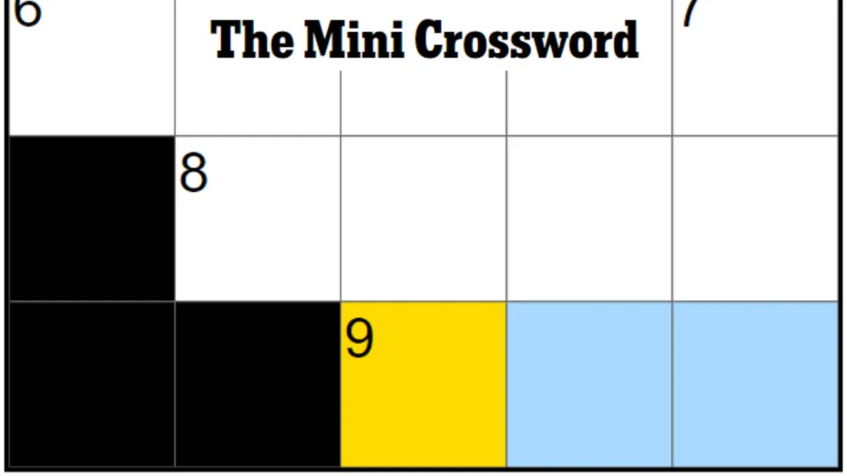 An empty mini crossword puzzle board with the 9A clue highlighted.