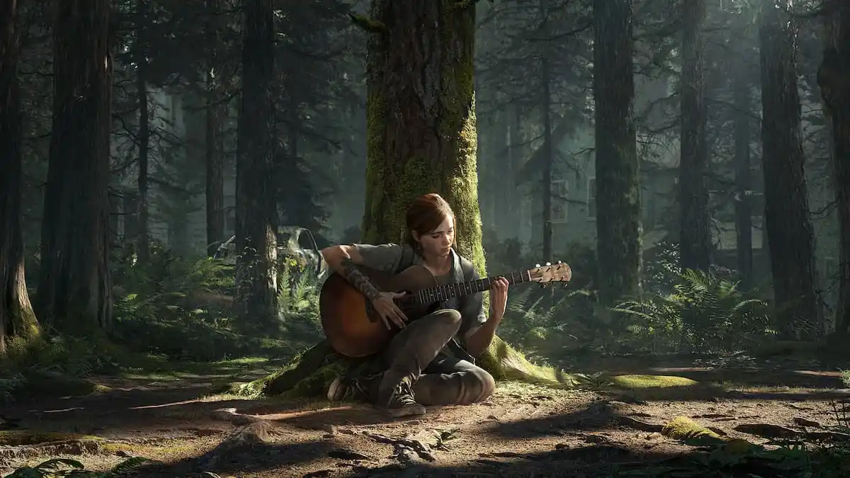 The Last of Us 2 screenshot featuring Ellie playing a guitar sitting under a tree in a forest