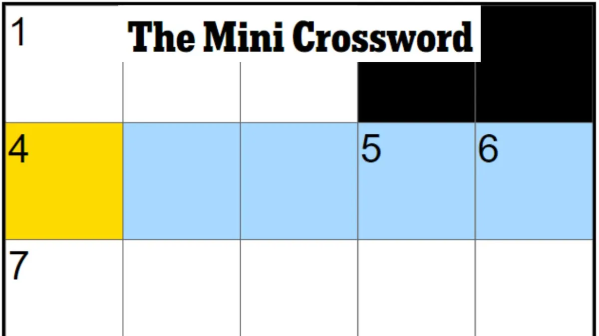 Incomplete New York Times Mini Crossword puzzle grid with the title 'The Mini Crossword' at the top. Clue 4 is highlighted in yellow, and clues 5 and 6 are highlighted in blue.