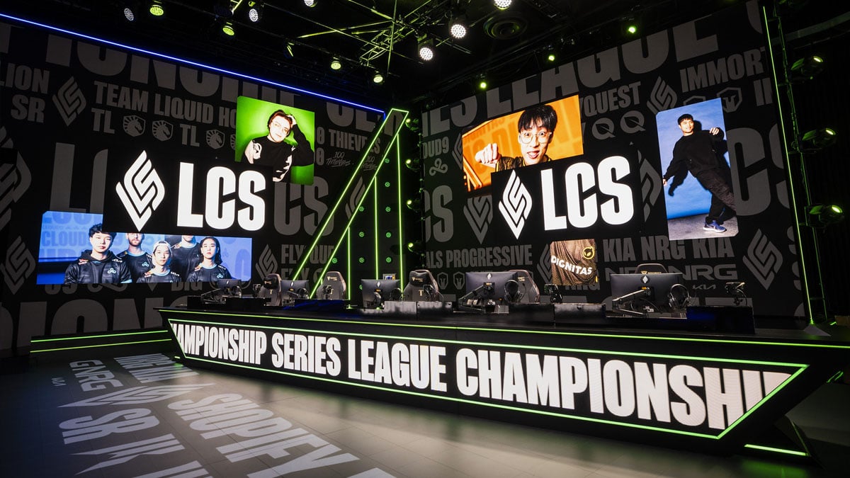 The Riot Games Arena lit up for LCS Spring Split 2024 opening week.
