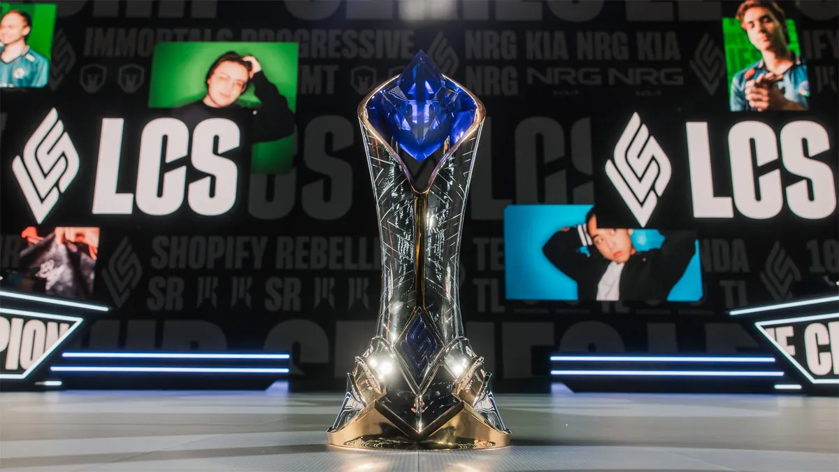 The LCS 2024 trophy on-stage in the Riot Arena.