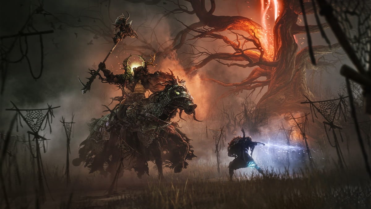 Lords of the Fallen 2023 screenshot featuring the player character fighting a behemoth enemy on horse in a dreary environment