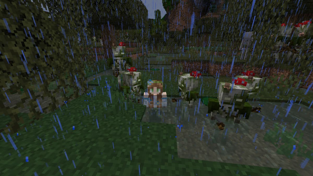 A bunch of Bogged in a swamp in Minecraft.