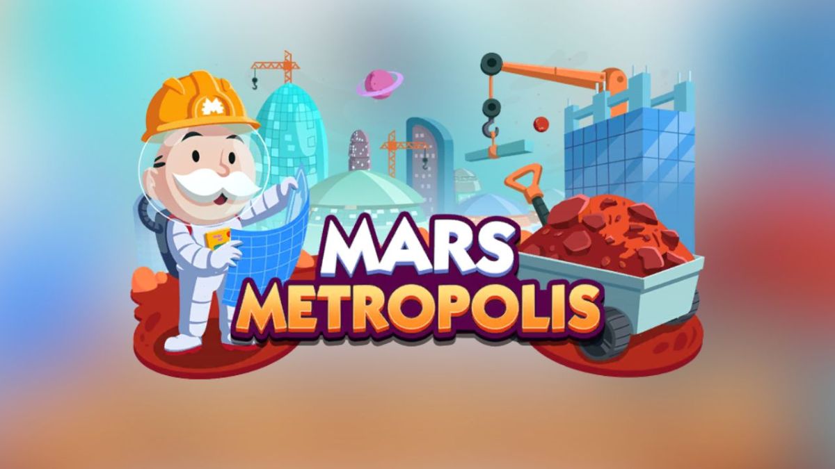 The Mars Metropolis logo with Mr Monopoly helping to build a city in Mars.