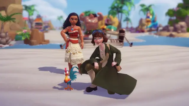 Player with Moana, Maui, and Hei Hei in Disney Dreamlight Valley.