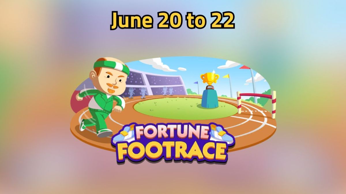 Fortune Footrace event in Monopoly Go from June 20 to 22 featuring a cartoon character running on a track with a trophy in the background