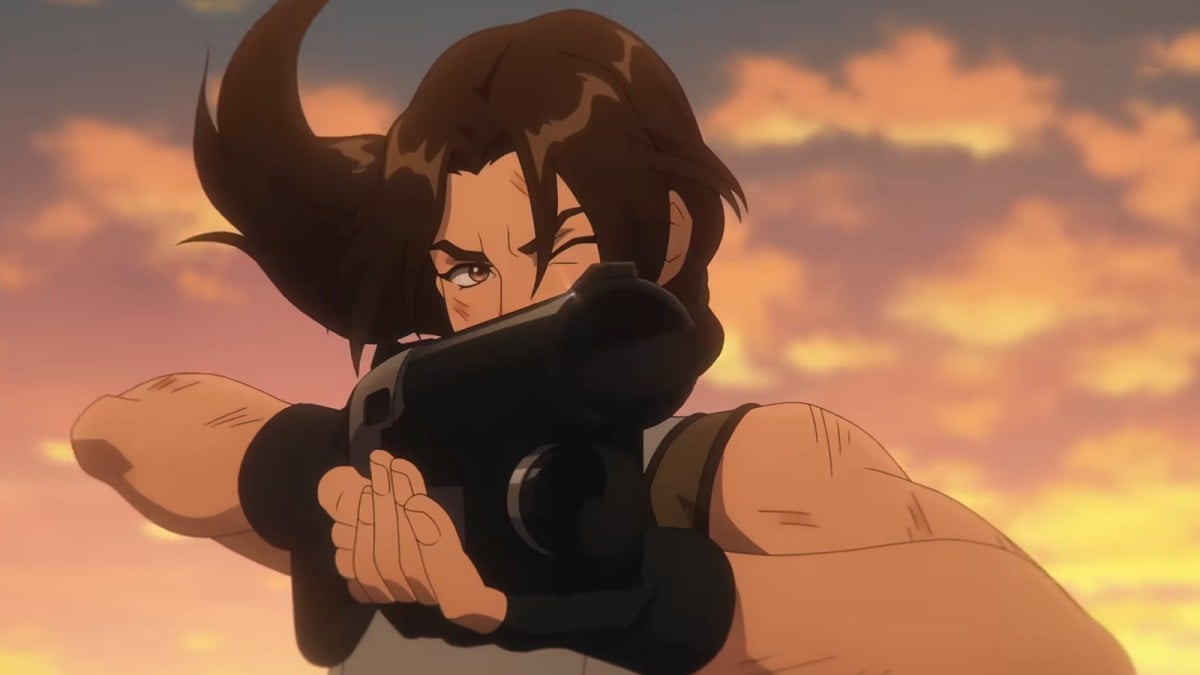 An animated Lara Croft aims a shotgun while falling through the sky in a Netflix trailer.