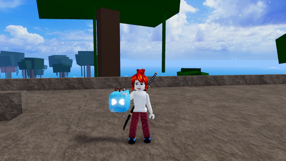 A Roblox player holding a Ice Blox Fruit in the game.