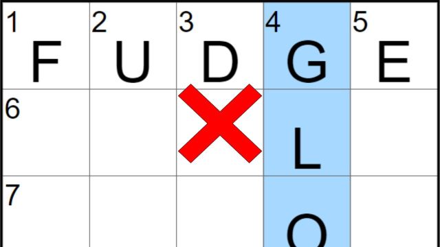 Partially completed New York Times Mini Crossword puzzle with the word 'FUDGE' in the white-highlighted section. A red 'X' is marked on the letter 'D' to indicate an error.