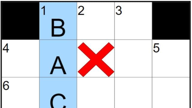 A partially filled NYT Mini Crossword puzzle showing "BACON" on 1D and a red X next to it, indicating a wrong answer.