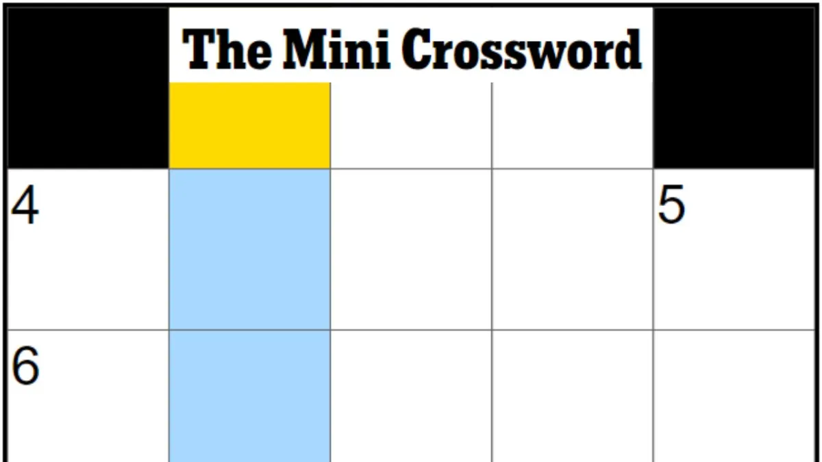 An empty NYT Mini Crossword puzzle with a highlight on 1D and 'The Mini Crossword' written over it.