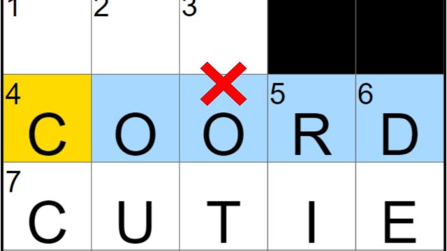 Partially completed New York Times Mini Crossword puzzle with the word 'COORD' in the blue-highlighted section and 'CUTIE' in the white-highlighted section. A red 'X' is marked on the second 'O' of 'COORD' to indicate an error.